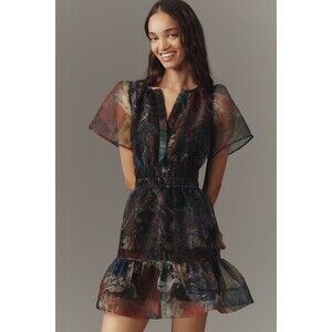 NWT Anthropologie Somerset Short-Sleeve Organza Mini Dress Black